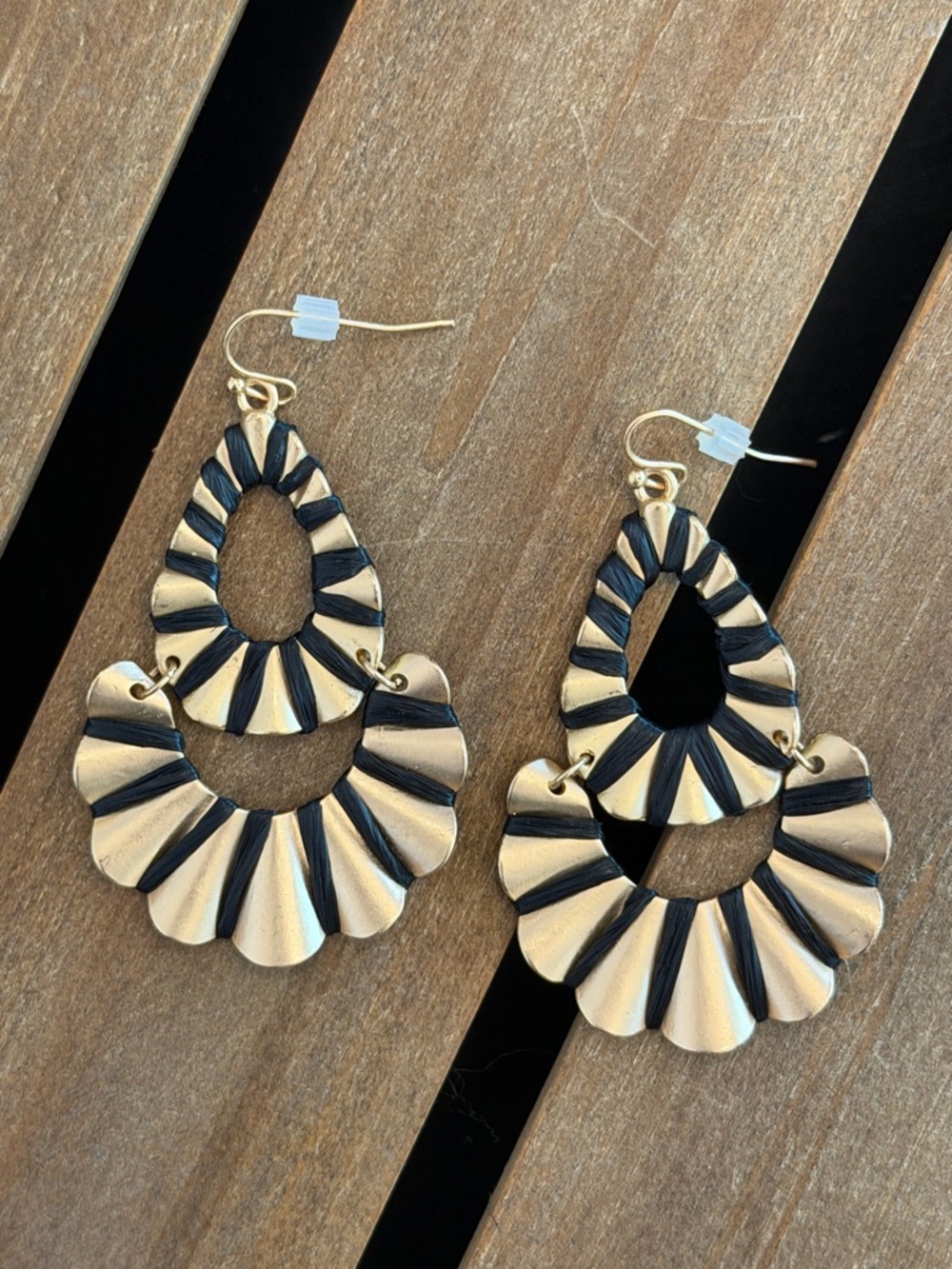 Gold and Black Raffia Fan Drop Earrings